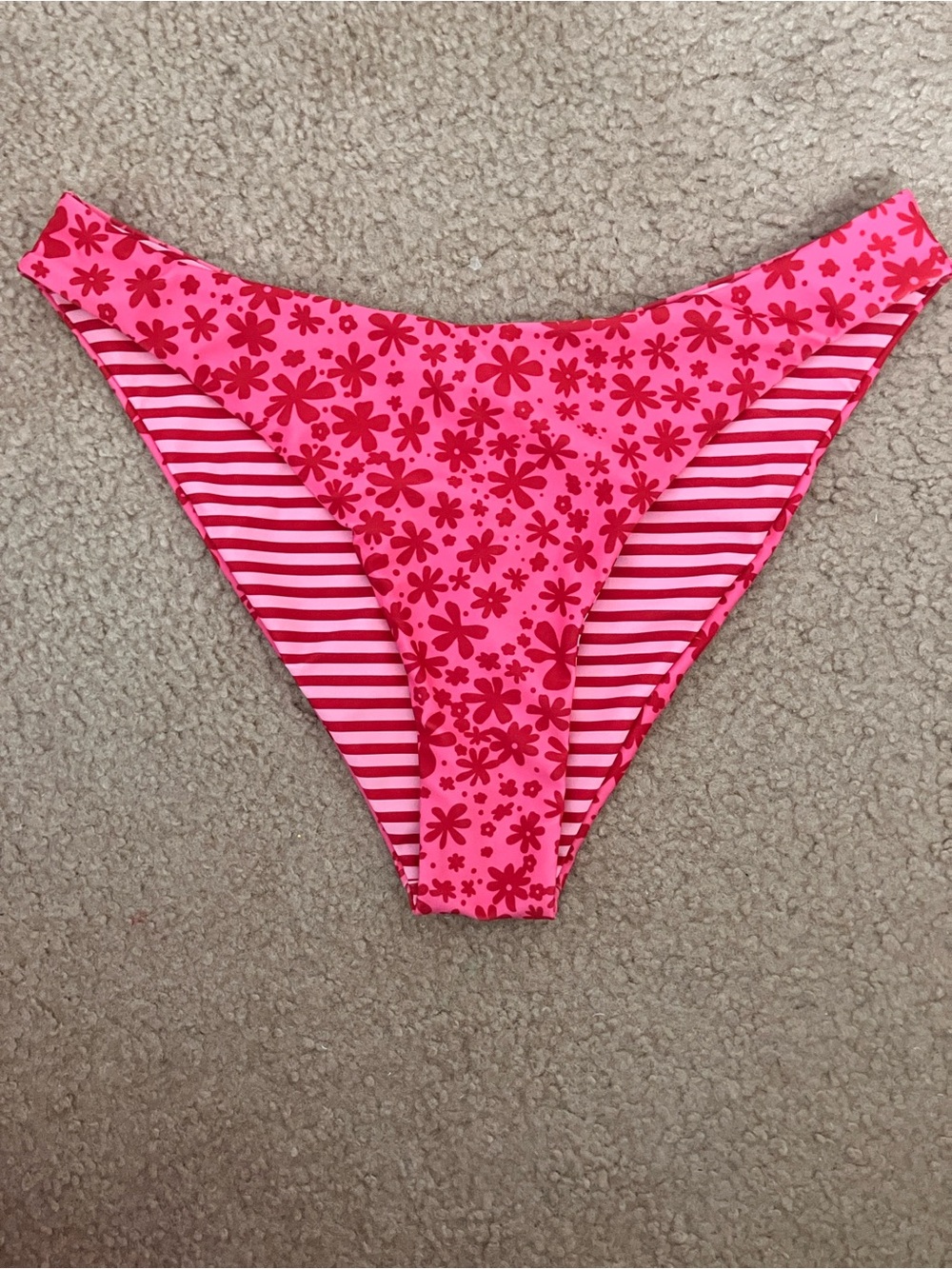Woman's Reverseable Pink Floral & Stripe Bikini Bottoms